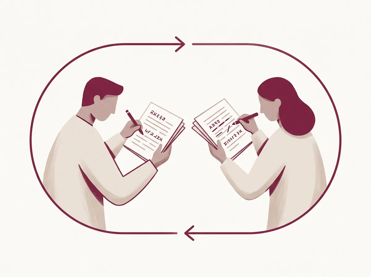 Two figures in a continuous loop passing manuscript pages back and forth, one writing and one reviewing, illustrating the self-improving translator and reviewer cycle.
