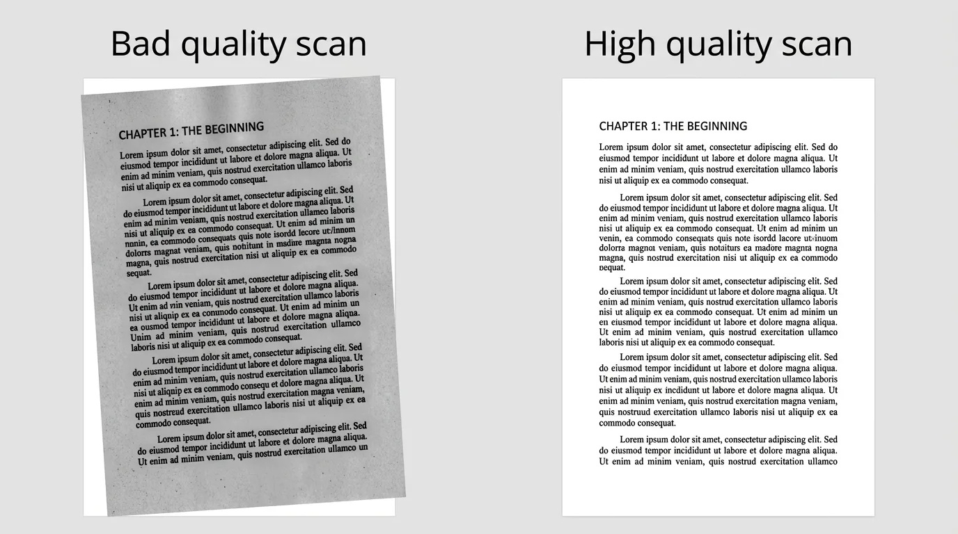 A faded, low-quality scan of an old book page next to a clean, sharp modern scan of a printed page.