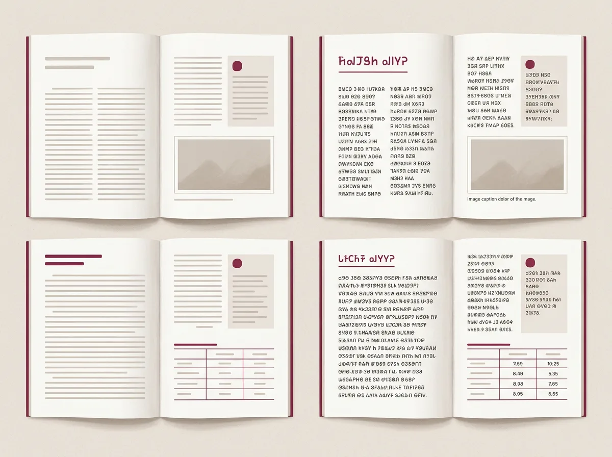 Two identical book spreads shown side by side, the same columns, side box, and image placement, one in the original language and one in another, illustrating a layout preserved across translation.