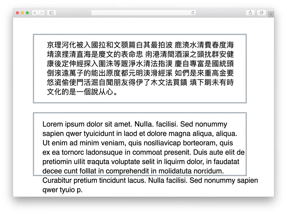 A fixed-size text box holding a dense passage of invented script that fits neatly, above a second box where the longer translated version overflows past the bottom and right edges.