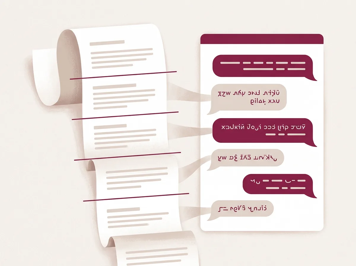 A long document sliced into separate chunks, each fed one at a time into a chat window, illustrating the manual piece-by-piece ChatGPT translation workflow.